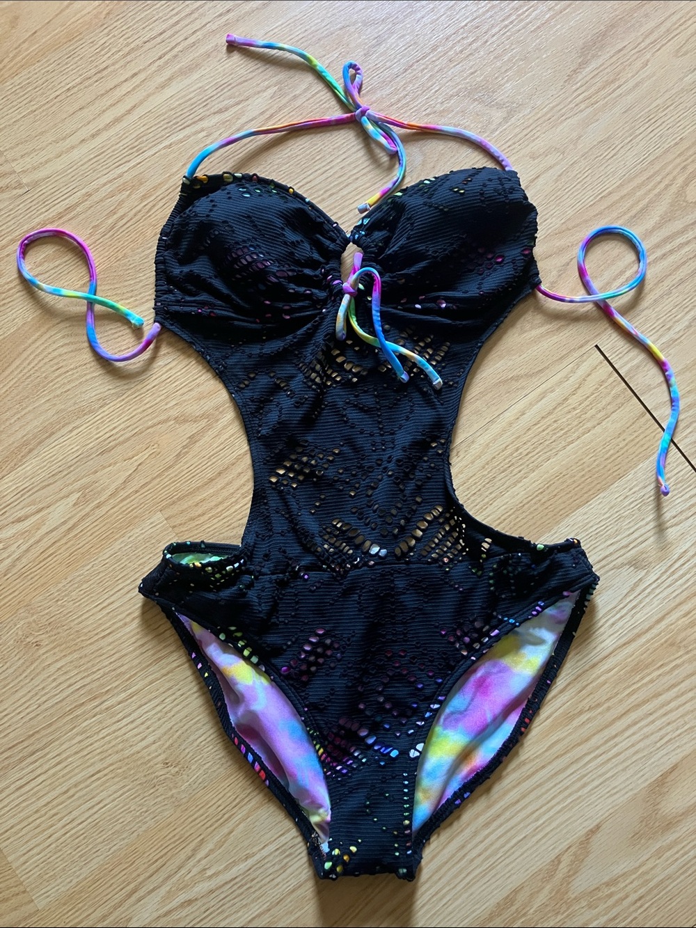 OP Black One-Piece Swimsuit with Rainbow Tie Details